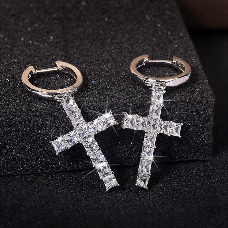 Vintage Sterg Sier Gold Fill Radiant Cut White Topaz Cross Dangle Earrings