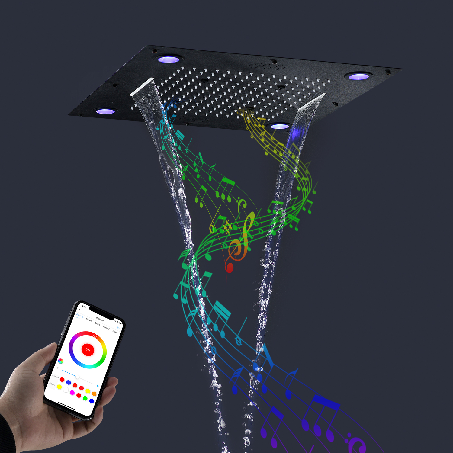 Bluetooth Music Shower Head Bathroom Accessories Ceiling LED Overhead Panel 24inch 304 Stainless Steel Black System Faucets