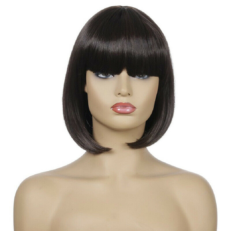 Women Ladies Wigs Short Straight Bob With Bangs Wig Synthetic Hair Cosplay Party