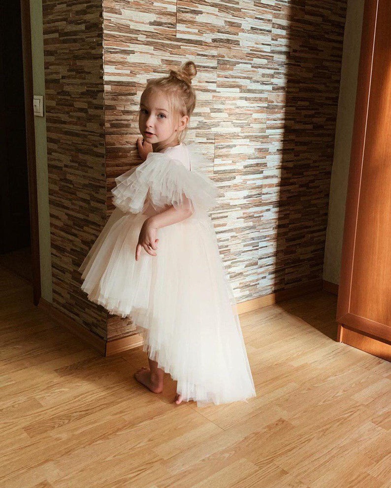 Flower Girls Dresses Square Neck Ruffle Hi Lo Children Birthday Party Dress Custom Made Satin and Tulle Kids Formal Gowns