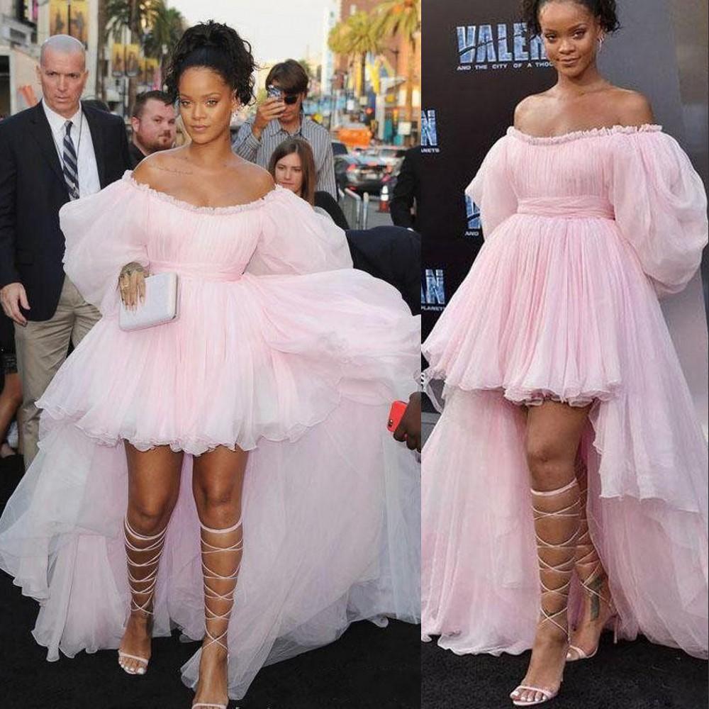 New Sexy Evening Dresses Party Gowns Baby Pink High Low Prom Dresses Off the Shoulder Poet Sleeves Tulle Hi Low Red Carpet Celebrity