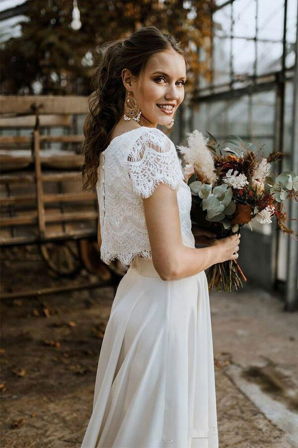 Bohemian Two Pieces high now Wedding Dresses 2020 Lace Top Short Sleeves Jewel Neck Holiday Country Beach Bride Gown Vestidos De Novia