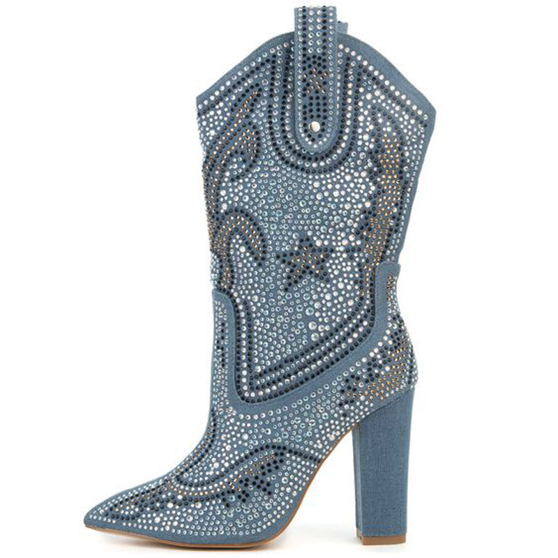Glitter Rhinestone Full Studs Denim Boots Mixed Colors Crystal Pentagram Pointed Toe Boots Chunky High Heels Zapatos, As pic
Glitter Rhinestone Full Studs Denim Boots Mixed Colors Crystal Pentagram Pointed Toe Boots Chunky High Heels Zapatos, As pic