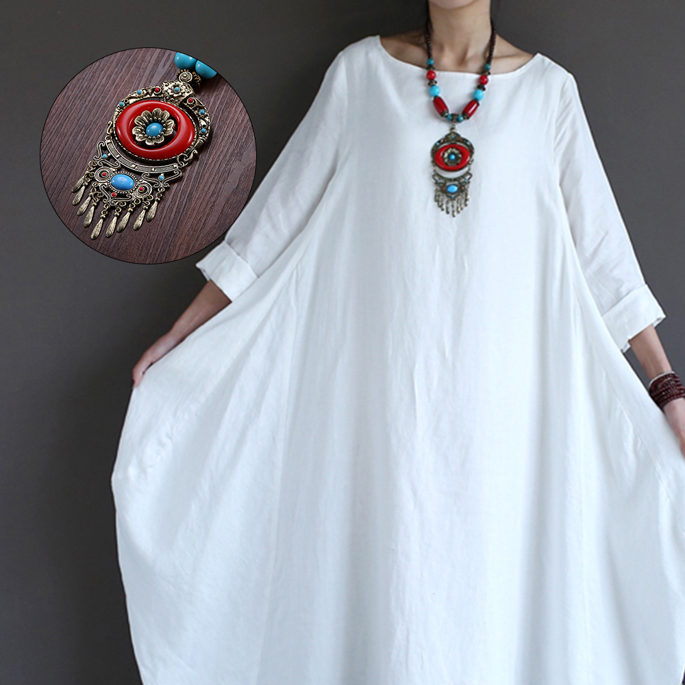 Cotton Linen White Maxi Dress Women Spring Summer Loose Plus Size Big Hem Boho Robe Long Dresses Three-Quarter Sleeve Kaftan 5XL Y200601