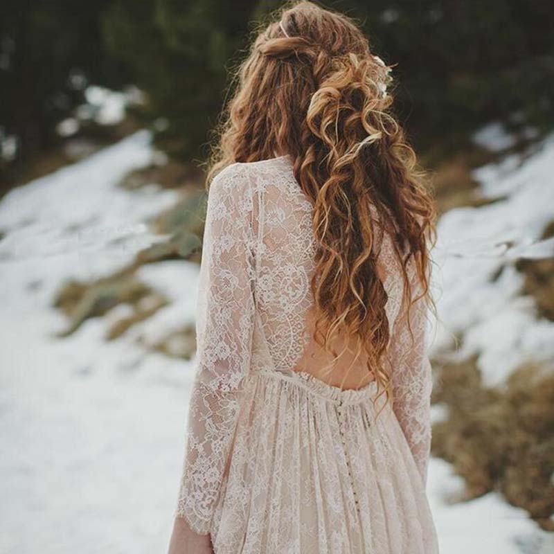 Vintage Full Beige Lace Boho beach Wedding Dresses Illusion Long Sleeve Open Back Bridal Gowns Hippie Bohemian Bride Dress vestidos de noiva
