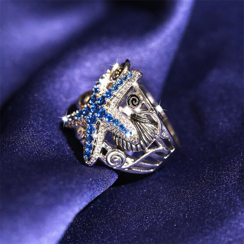New Arrival Vintage Jewelry 925 Sterling Silver Blue Sapphire CZ Diamond Gemstones Neptune Party Women Wedding Engagement Band Ring Gift