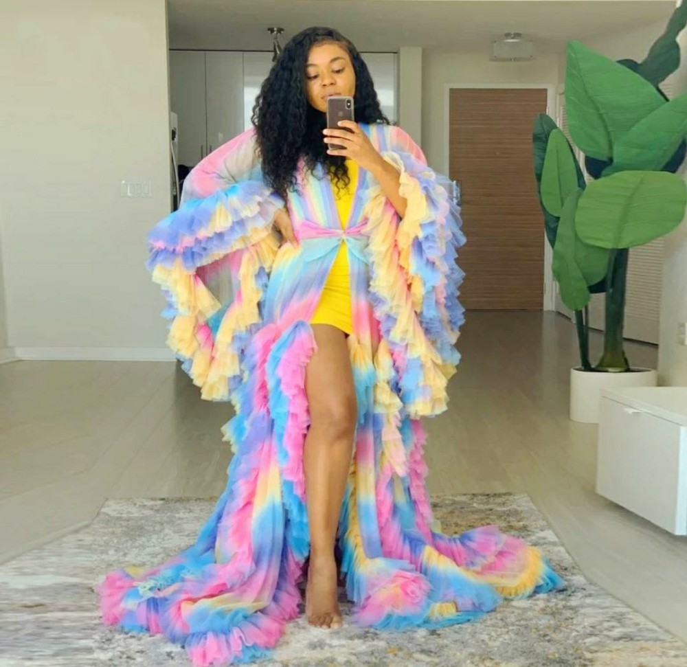 Rainbow Chic Prom Dresses Robe Puff Full Sleeves Ruffles Tiered See Thru Maternity Photoshoot Vestidos Colorful Evening Dress