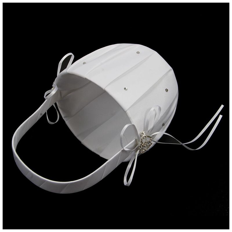 2 Heart Rhinestones Ivory Satin Flower Girl Basket and Ring Pillow Set bleach