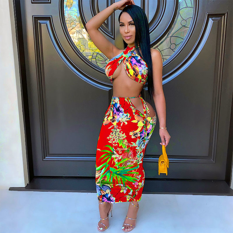 Beyprern Tropical Tied Skirt Set (Green) Womens Halter Neck Floral Crop Top And Maxi Skirt Set Two Pieces Outfits Beach Suits T200903