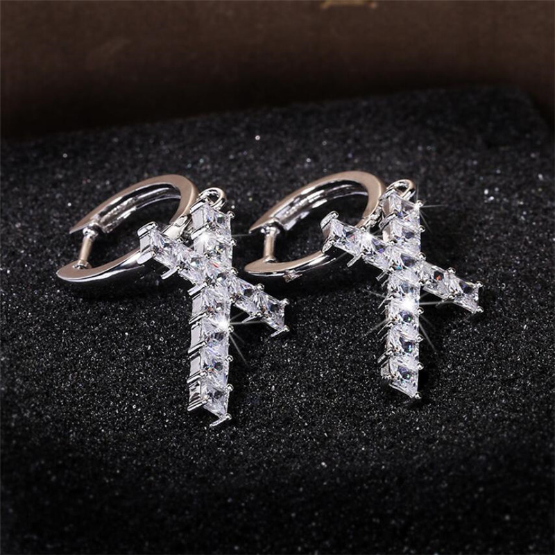 Vintage Sterg Sier Gold Fill Radiant Cut White Topaz Cross Dangle Earrings