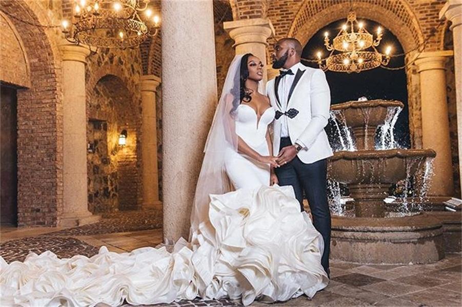 Sweetheart Mermaid Wedding Dresses 2021 Cascading Ruffles Cathedral Train African Nigerian Fishtail Wedding Gown Robe De Mariee