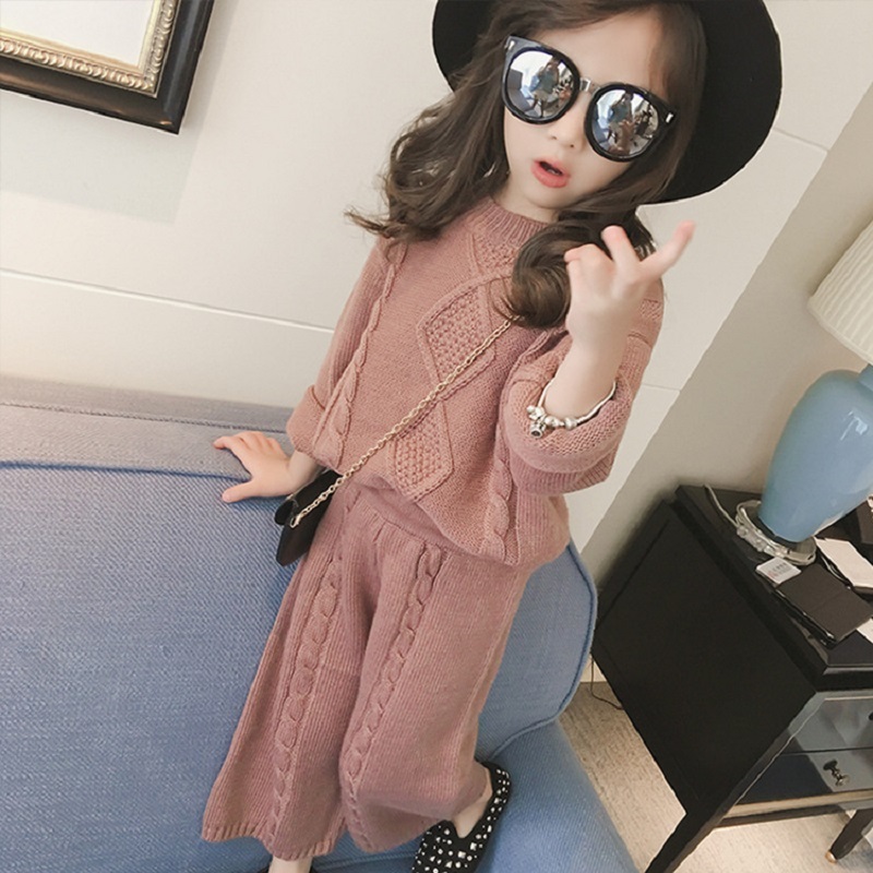 2020 autumn childrens girl clothing new casual knitted long-sleeved suit Mori female warm pure color pattern sweater top + pantsX1019