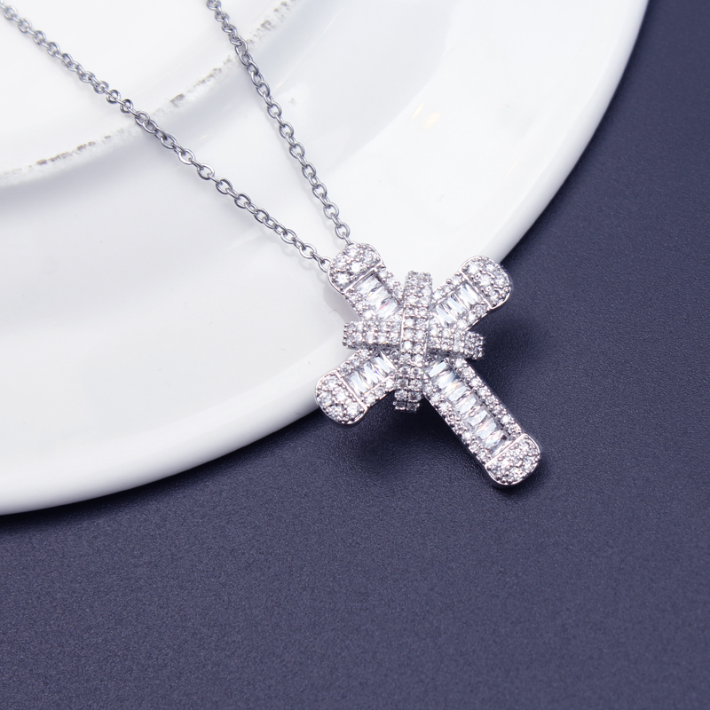 Sterg Sier Cross Pendant Necklace with White Sapphire CZ Dia for Women - Hip Hop Vintage Fashion Jewelry 491a