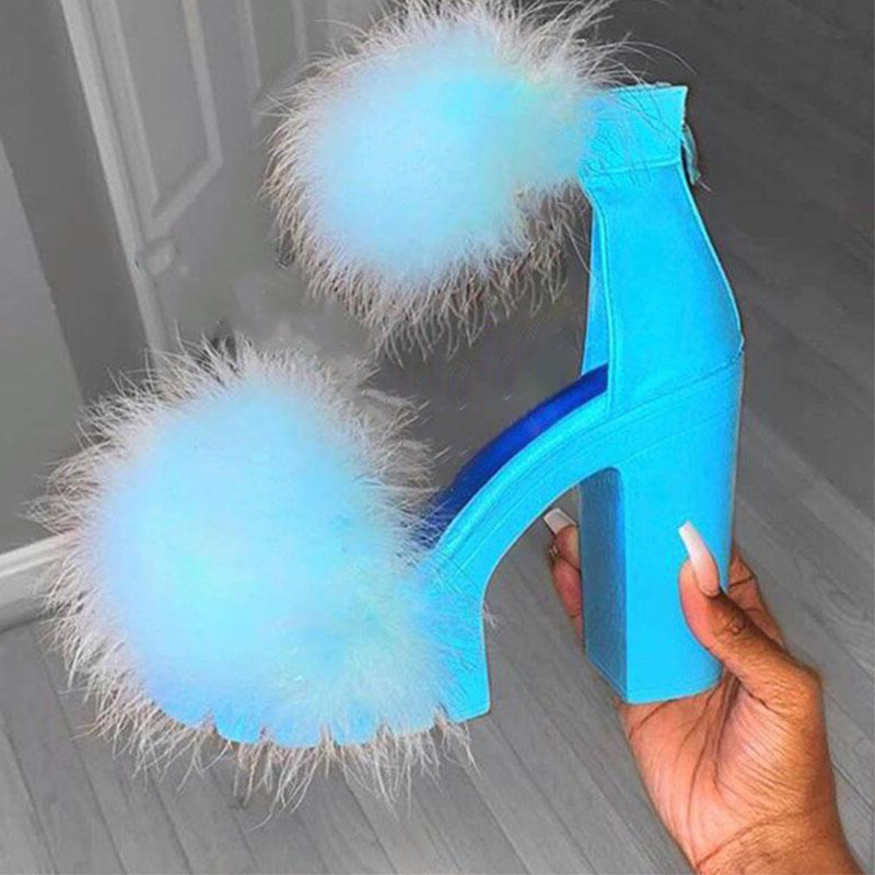 Woman Furry High Heels Pumps Buckle Platform Heels Sandals With Fur Women Square Heel Ankle Strap Open Rubber Party 20201