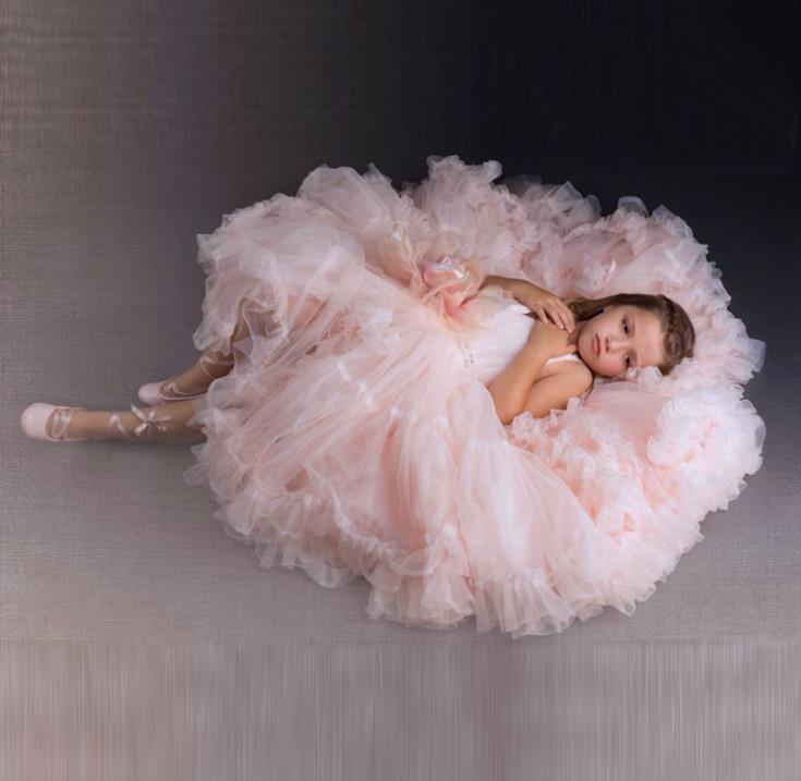 Pink Girls Pageant Dresses Tulle Ball Gown Tiered Ruffle Skirt Puffy Flower Girl Dresses Big Flower Birthday Party First Communion Dresses