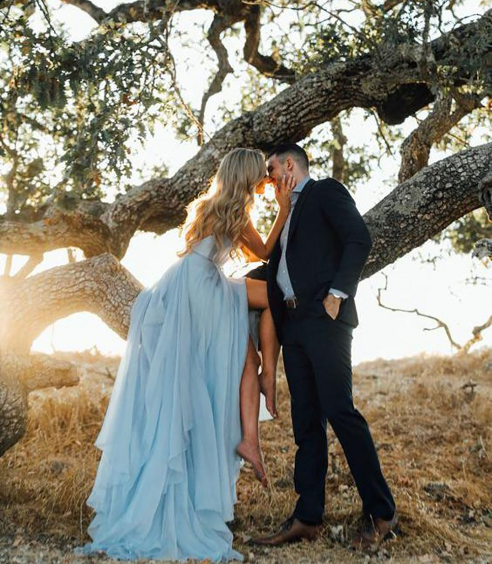 New Customize V-Neck Special Occasion Dresses with Slit Chiffon robe de mariee Sky Blue Rustic Summer Beach Evening Gown