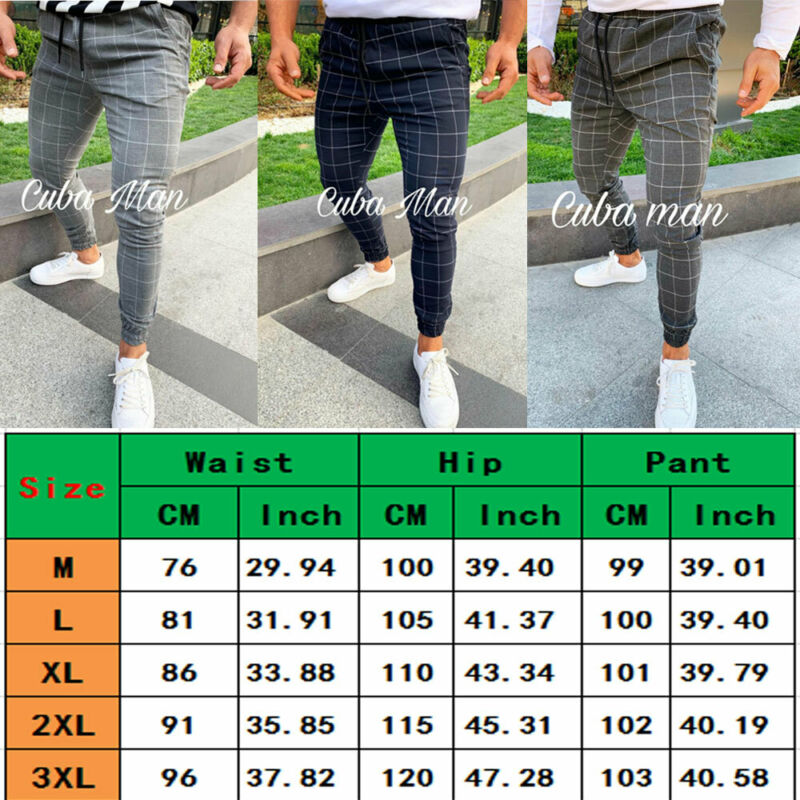 Mens Casual Slim Fit Pants Sport Tracksuit Skinny Joggers Sweatpants Stretch Trousers Plaid Men