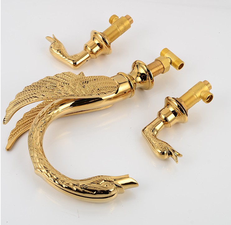 Soild Copper Gold Finish Bathroom Faucet Golden Swan Shape Basin Tap Dual Handle Deck Mount