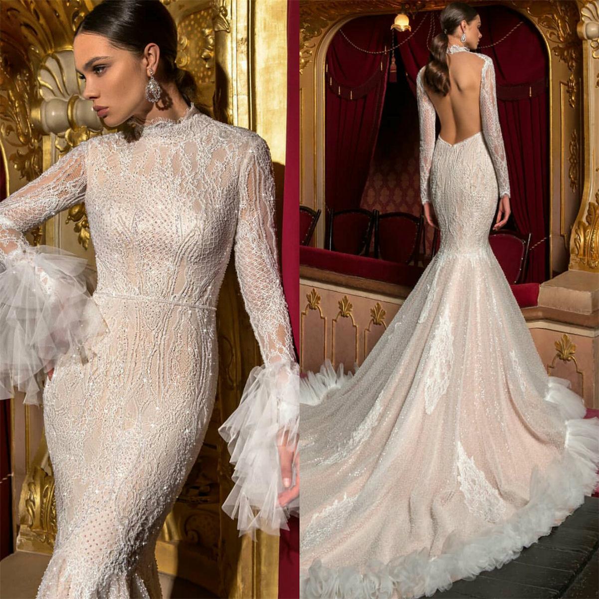 High Neck Lace Mermaid Wedding Dresses Backless Long Sleeve Ruffles Bridal Gowns Plus Size Wedding Dress robes de mariée