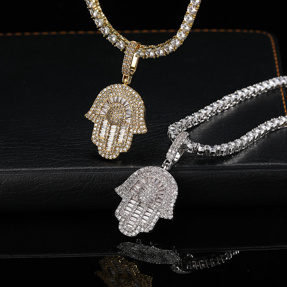 Cubic Zirconia Hand of Fatima Pendant Necklace - Unisex Hip Hop Jewelry, Platinum-Plated, Gift Idea