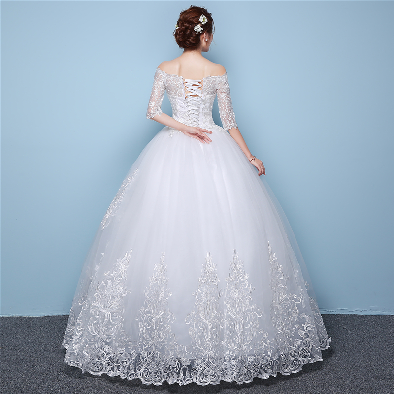 White Lace Boat Neck Half Sleeve Fashion Simple Wedding Dress Gowns Hiqh Quality Floor Length Big Embroidery Off the shoulder