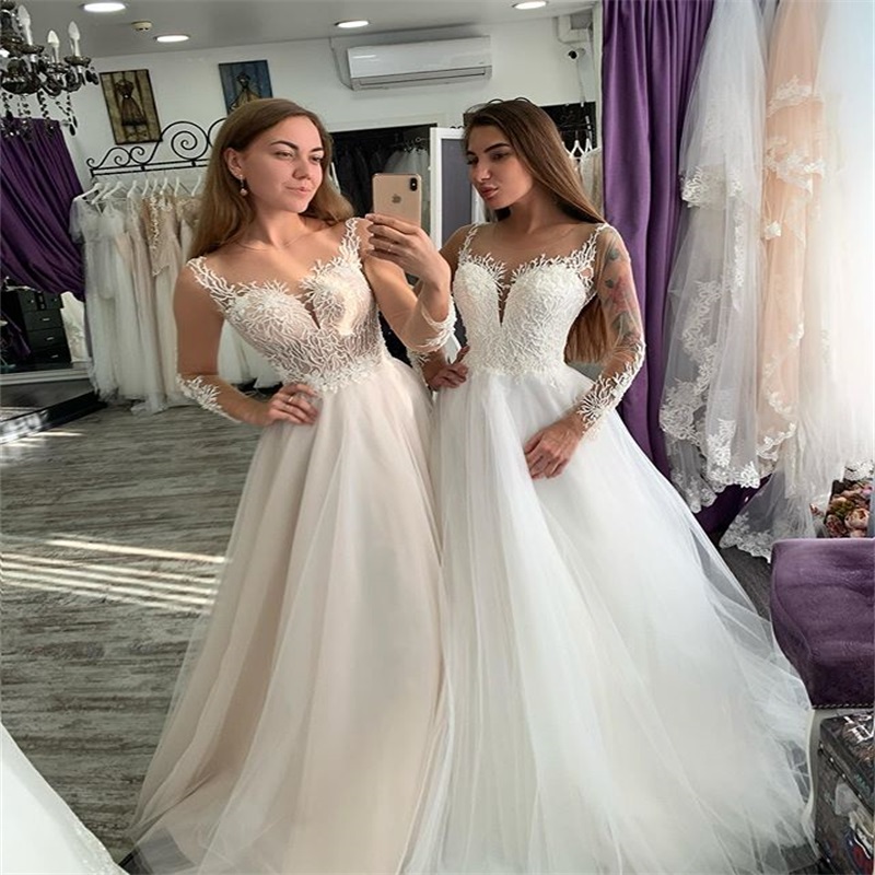 Plus Size A-line Wedding Dresses Sexy Illusion Sheer Long Sleeves Appliqued Lace Ruched Tulle Bridal Gown Beach Church Wedding Dress