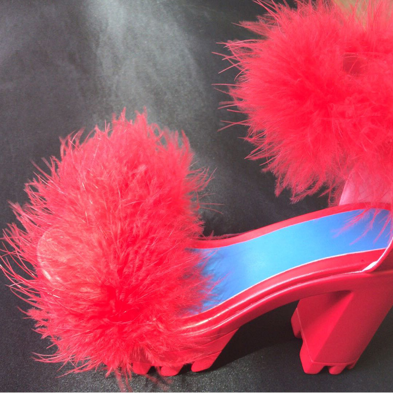 Woman Furry High Heels Pumps Buckle Platform Heels Sandals With Fur Women Square Heel Ankle Strap Open Rubber Party 20201