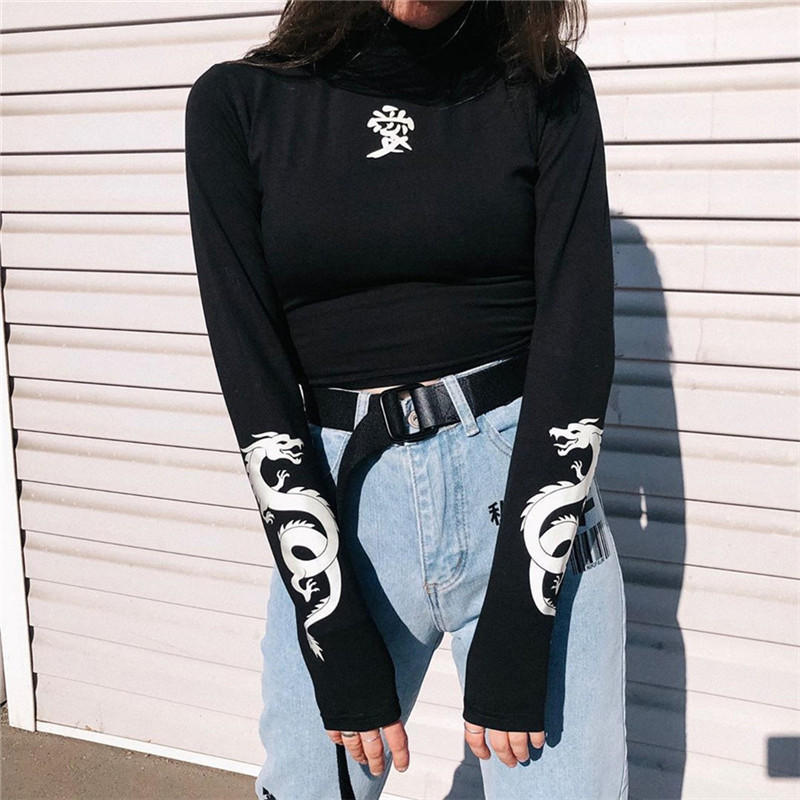 2019 Spring Autumn Fashion Reflective Dragon Print Long Sleeve Tops Tees Women Navel Bare Cropped T Shirts Slim Fit Clothing T200812, Black
2019 Spring Autumn Fashion Reflective Dragon Print Long Sleeve Tops Tees Women Navel Bare Cropped T Shirts Slim Fit Clothing T200812, Black