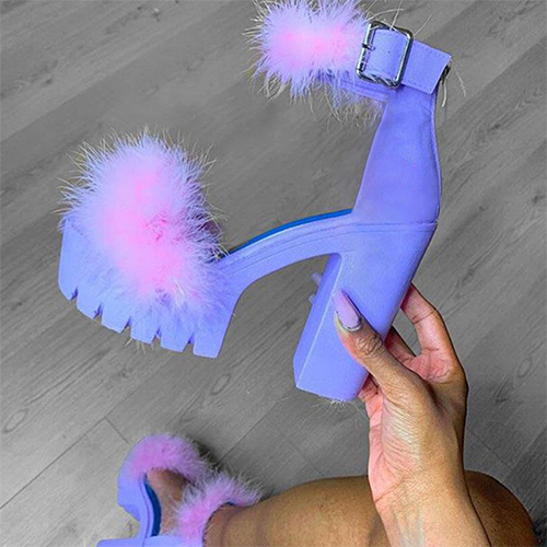 Woman Furry High Heels Pumps Buckle Platform Heels Sandals With Fur Women Square Heel Ankle Strap Open Rubber Party 20201