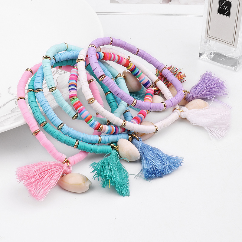 Handmade Jewelry Bracelets for Women Fashion Colorful Polymer Clay Beads Bracelet with Shell Tassel Bracelets for Girl