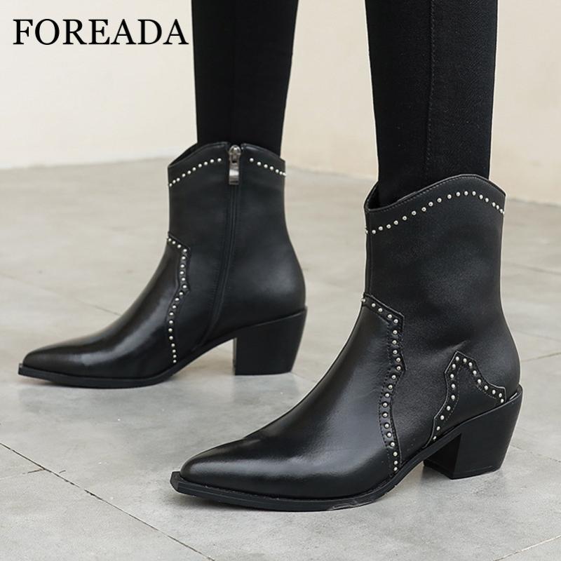 FOREADA Real Leather Western Boots Woman High Heel Mid Calf Boots Rivet Block Heel Shoes Zipper Pointed Toe Ladies Black
FOREADA Real Leather Western Boots Woman High Heel Mid Calf Boots Rivet Block Heel Shoes Zipper Pointed Toe Ladies Black
