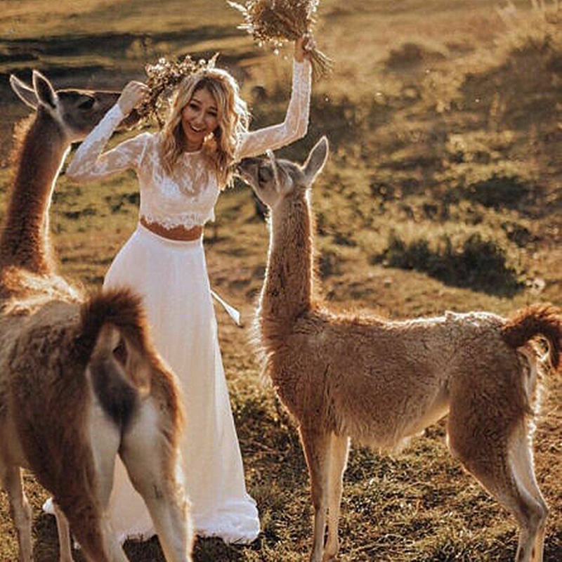 Rustic Two Piece Wedding Dresses Cheap Lace Chiffon Boho Beach Bridal Gowns Long Sleeves Illusion Country Bride Dress Vestidos De Novia