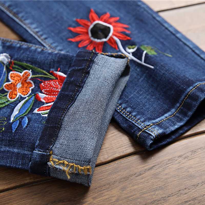 Sokotoo Men's floral embroidery stretch denim jeans Fashion slim fit pencil pants for man