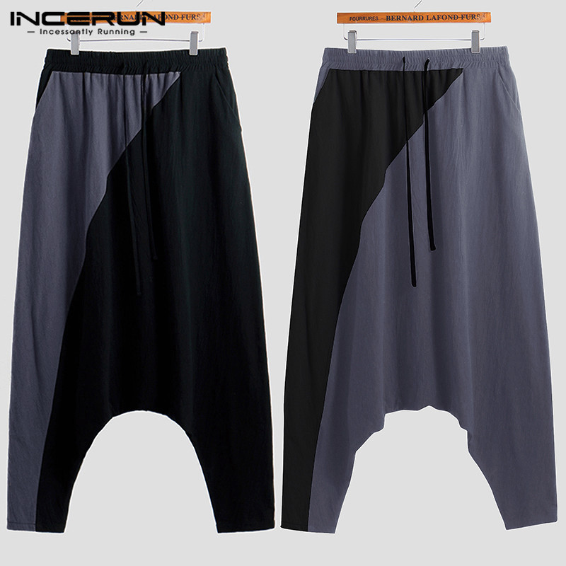 INCERUN Men Harem Pants Patchwork Elastic Waist Joggers Retro Baggy Cotton Trousers Men Casual Drop Crotch Pants Streetwear 200925
