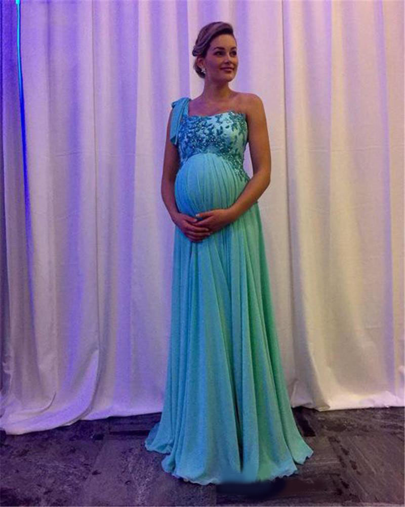 Maternity Evening Dresses One Shoulder Prom Dresses Applique Zipper Back Vestidos De Novia Long Sweep Chiffon Pregnant Prom Gowns
