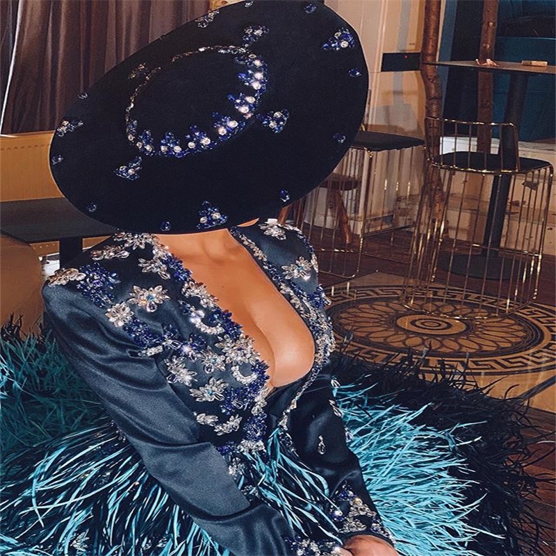 luxury designer evening dress beads sequins crystal feather formal prom dress sexy high vneck sidesplit custom made runway fashion dress