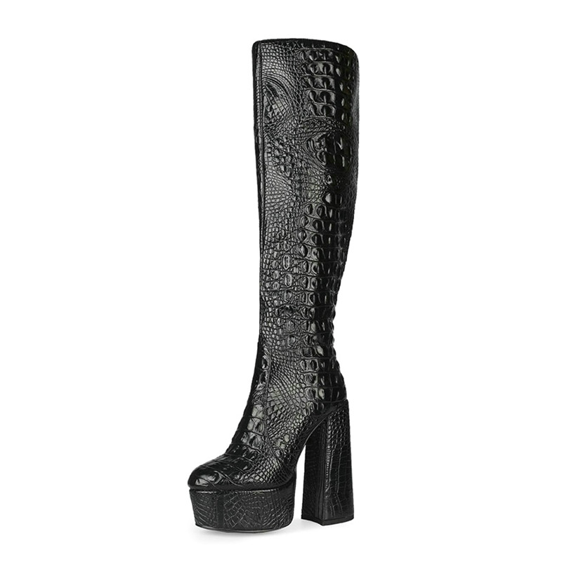 Crocodile Leather Winter Women Boots Thick Heel Punk Boots Sexy Platform Booties Black Knee High Plus Size 45 Warm Shoes, Without fur inside
Crocodile Leather Winter Women Boots Thick Heel Punk Boots Sexy Platform Booties Black Knee High Plus Size 45 Warm Shoes, Without fur inside