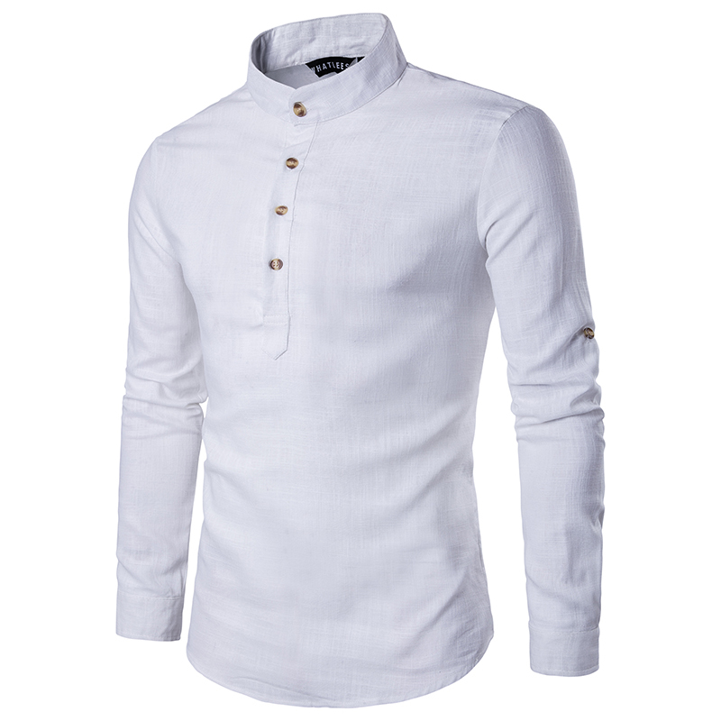 Men casual Shirt long sleeve Mandarin Collar shirts solid color Traditional Chinese Style shirt Cotton Blended plus size 200925