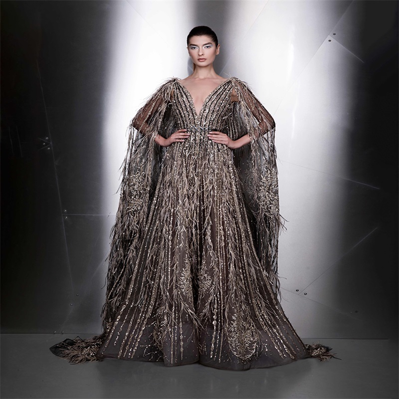 Ziad Nakad Luxury Evening Dresses With Wrap Sexy V-neck Appliqued Feather Sequins Formal Party Gowns Custom Made Sleeveless Prom Dress