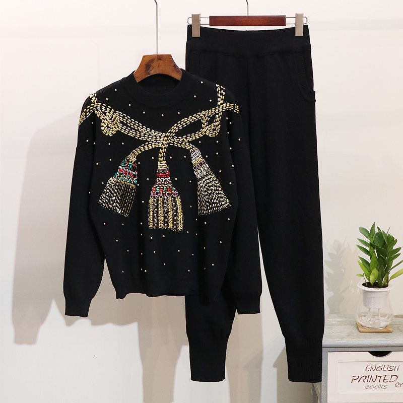 High Quality 2 Piece Set Women Knitted Beading Sweater Autumn Winter Knitting Tracksuit Women Sweater Harem Pants Set Two Piece, Black
High Quality 2 Piece Set Women Knitted Beading Sweater Autumn Winter Knitting Tracksuit Women Sweater Harem Pants Set Two Piece, Black