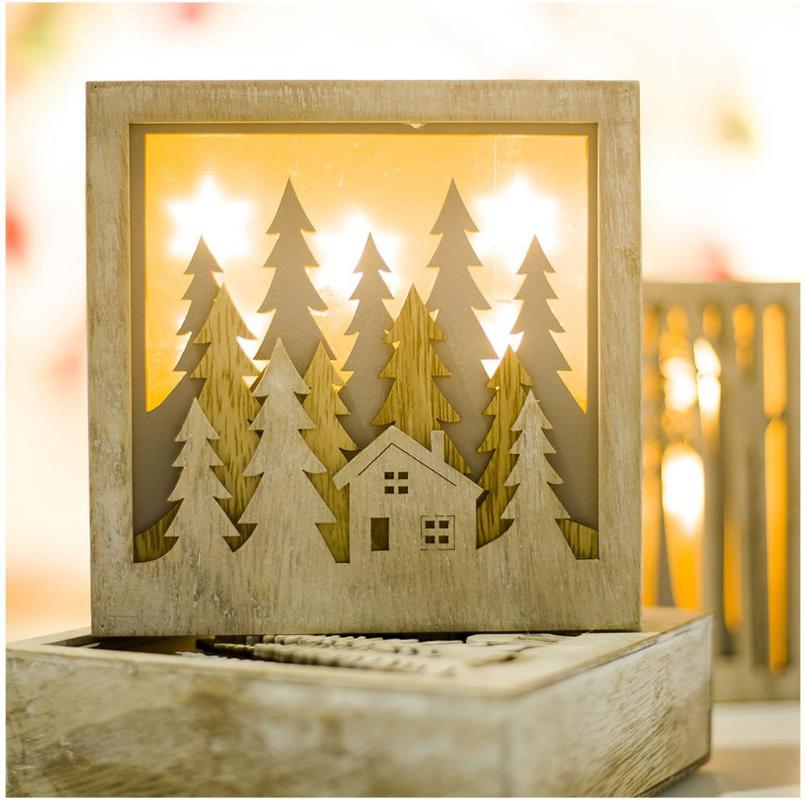 Wooden Christmas LED Lights Box Christmas Tree Elk Shape LED Light Wood DIY Crafs Pendants Ornaments Home Closet Decor