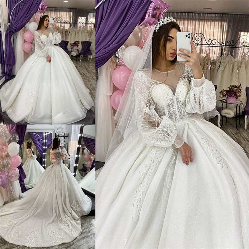 2021 Luxury Ball Gown Wedding Dresses Long Sleeves Beads Sequins Appliqued Wedding Gowns Saudi Arabian Dubai Custom Made Bridal Dress