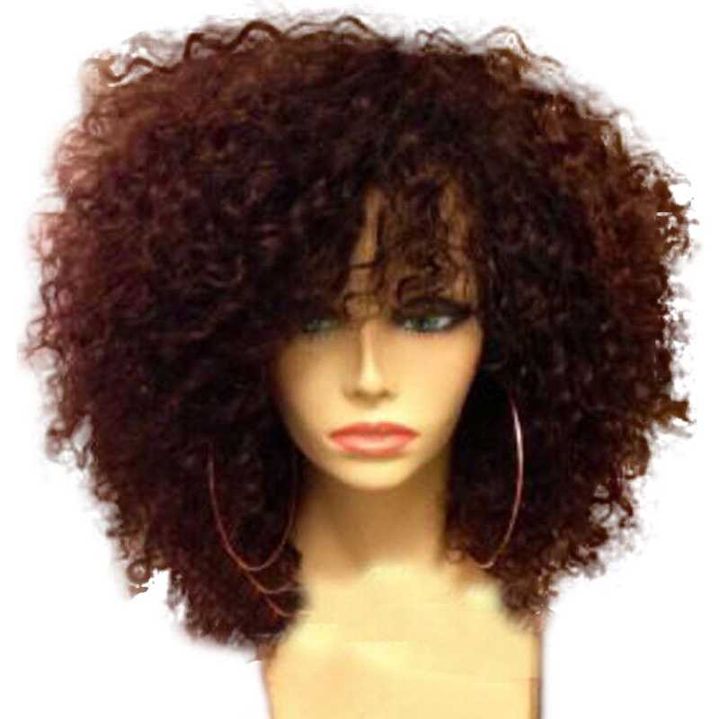 

Kinky Curly Human Hair Wig with Bangs Natural Scalp Top Machine Made Curly Wig For Black Women Brazilian Remy Hair 180% Density, Natural color
