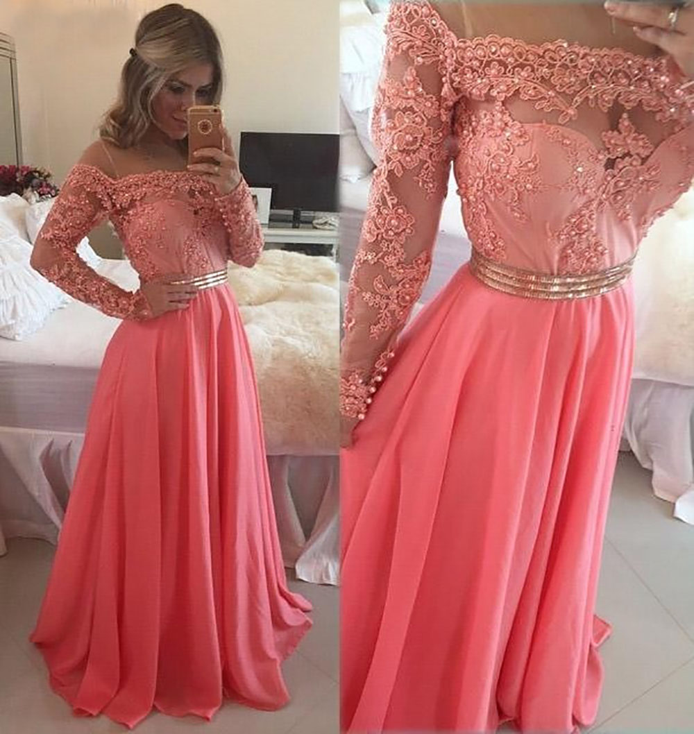 Coral Chiffon Long Sleeves Prom Evening Dresses O Neck Appliques Beaded A-Line Formal Party Dress Elegant Prom Gown