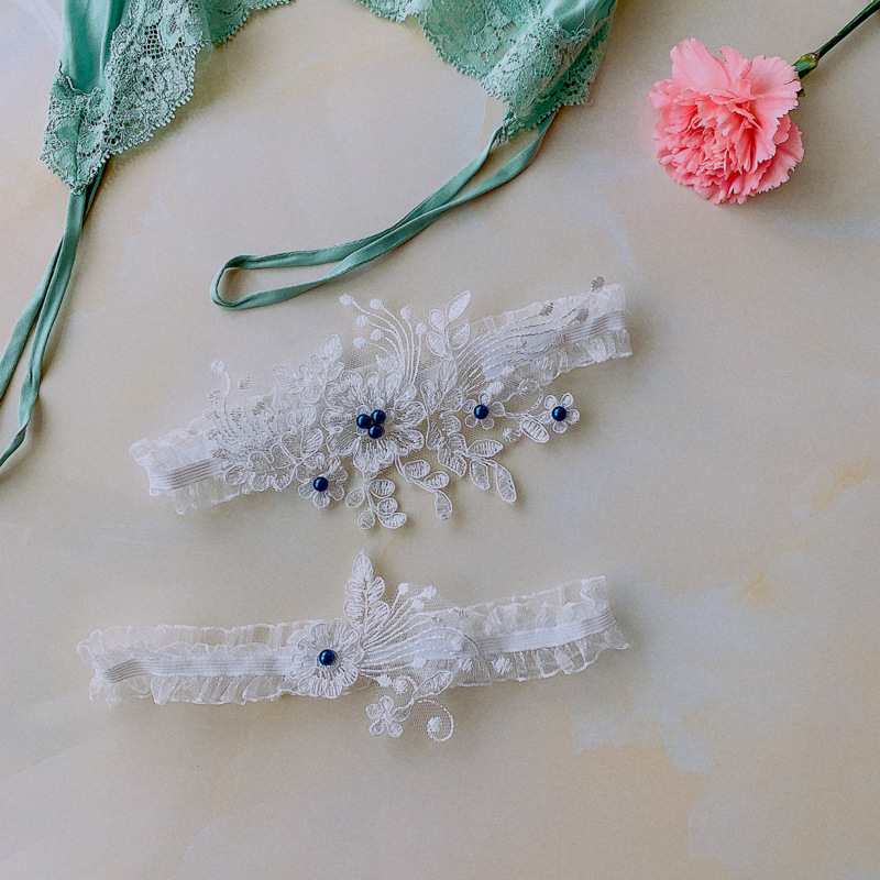 Amazing Beach Wedding Bridal Garters Sets With Blue Beaded Sexy Lace Bridal Leg Accessories For Bride 2020 Cheap Lingerie Garter Lace Belt