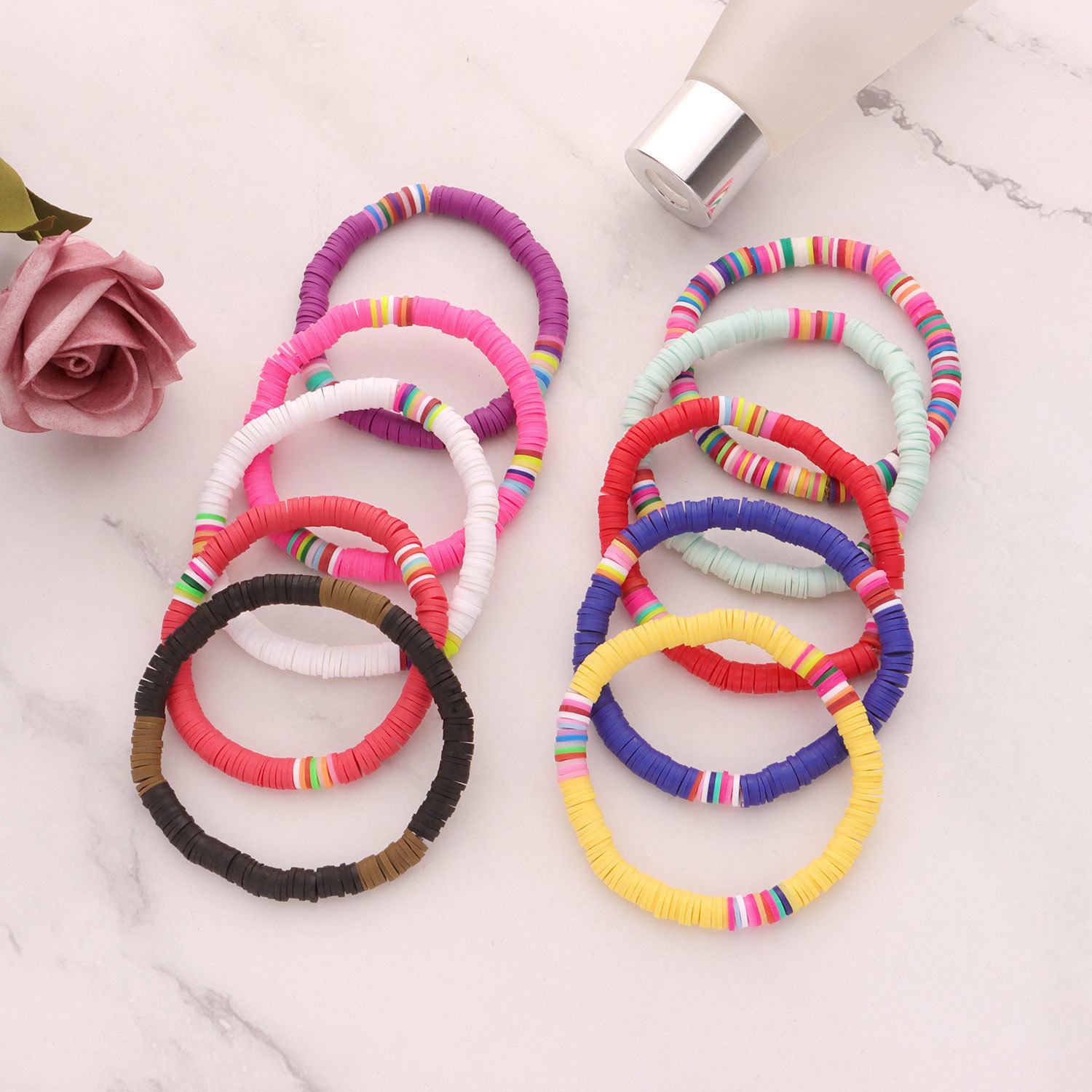 12PCS Soft Clay Surfer African Beads Choker Colorful Jelly Bracelet Elastic Handmade Boho Lightweight for Women Girls 6mm Summer Beach