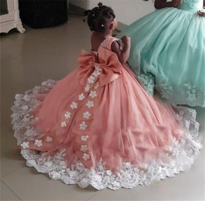 Luxury Crystals Flower Girls Dress Pageant Dresses Ball Gown 3D Floral Crystals Toddler Infant Clothes Little Girls Birthday Gown with Bow