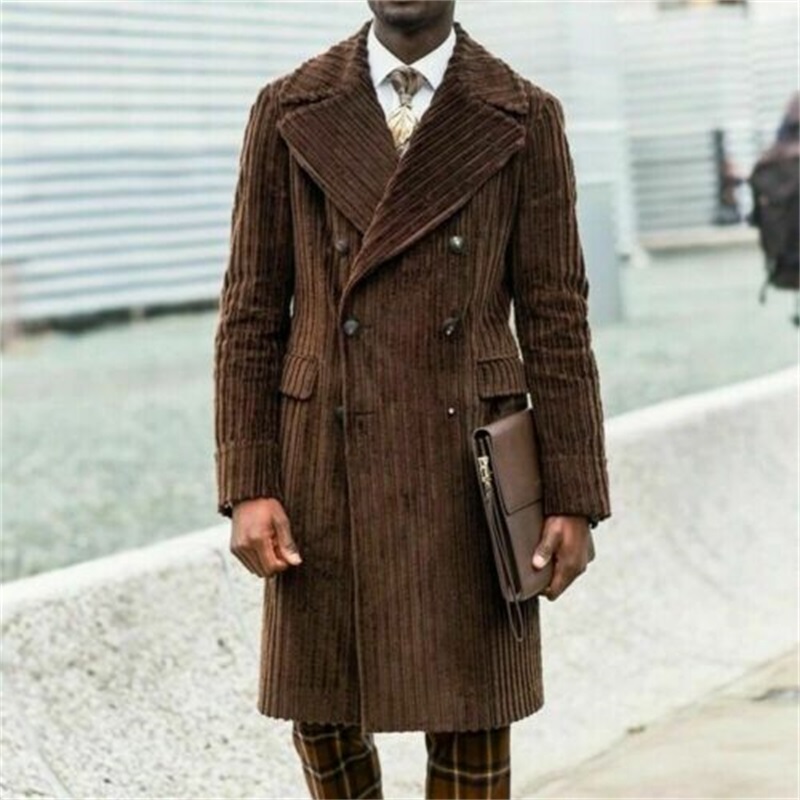 Handsome Brown Corduroy Suits Custom Made Men Suits Double Breasted Tuxedos Peaked Lapel Blazer Business Long Coat