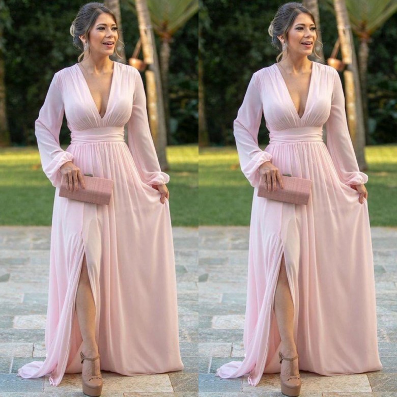 Light Pink Chiffon Evening Dresses Deep V Neck Long Sleeves Prom Dress Side Split A Line Bride Party Gowns