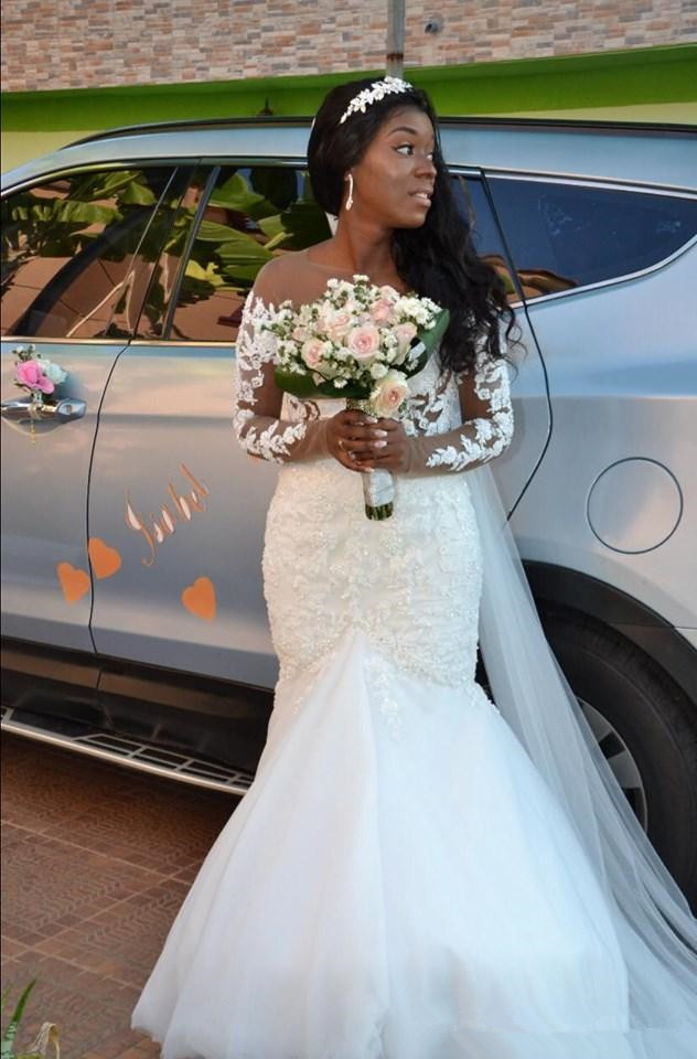 Arabic Aso Ebi Mermaid Wedding Dresses 2021 Sheer Neck Long Sleeve Open Back Lace Beaded African Bride Gowns Plus Size vestidos